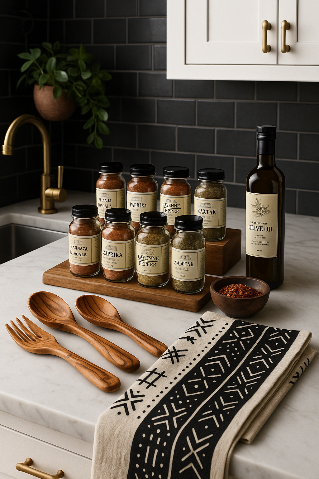 Kitchen with spices, Olivewood spoons, mudcloth kitchen towels